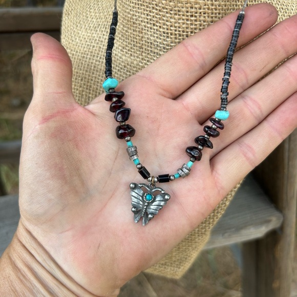 Turquoise amethyst San Crest Indian made signed 925 silver butterfly necklace - Picture 1 of 9